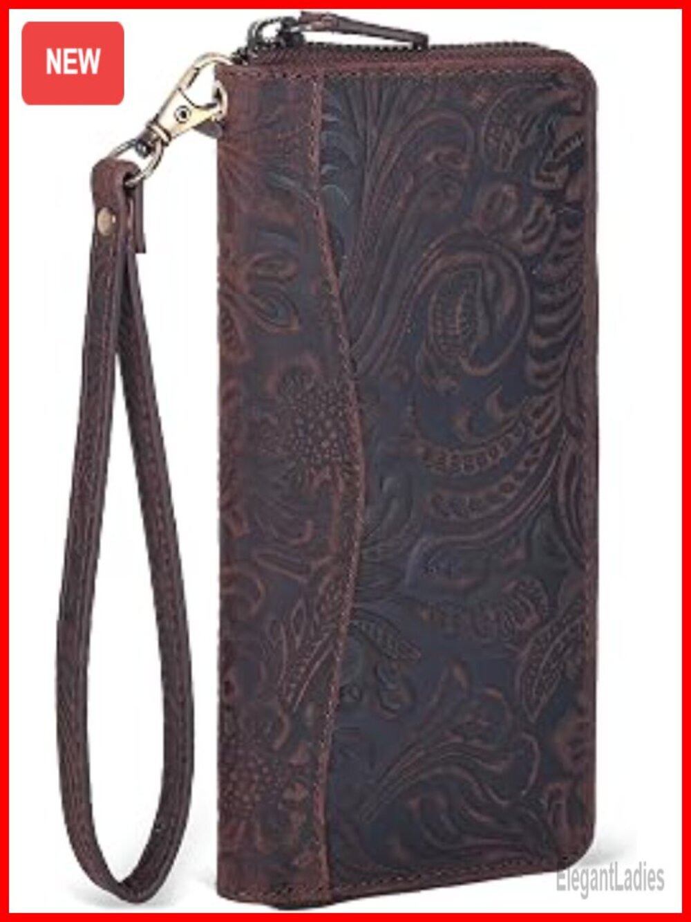 Vintage Brown Embossed Leather RFID Wallet with 8 Card Slots Coin Pocket